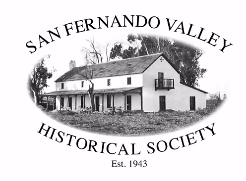 Historical society logo featuring a black and white photo of the Andres Pico Adobe, which, when clicked, will redirect to the site's home page.